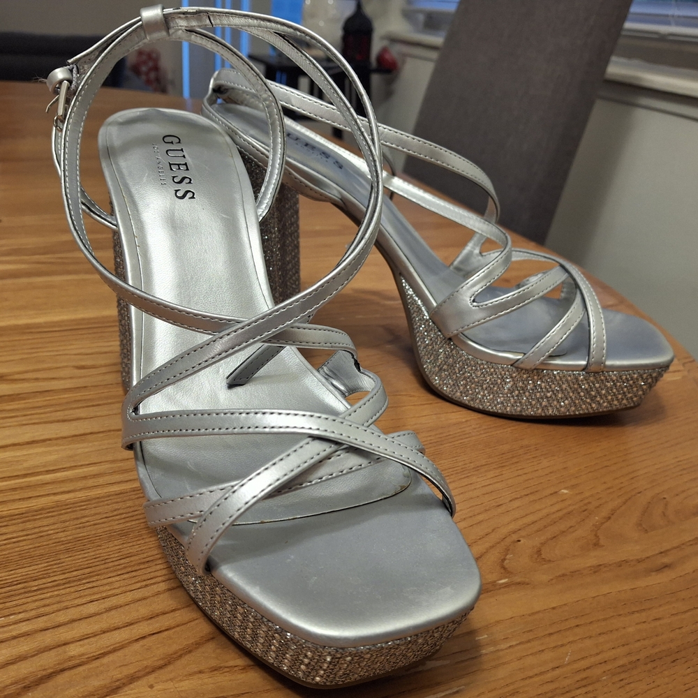 Guess Metallic Silver Platform Sandals
